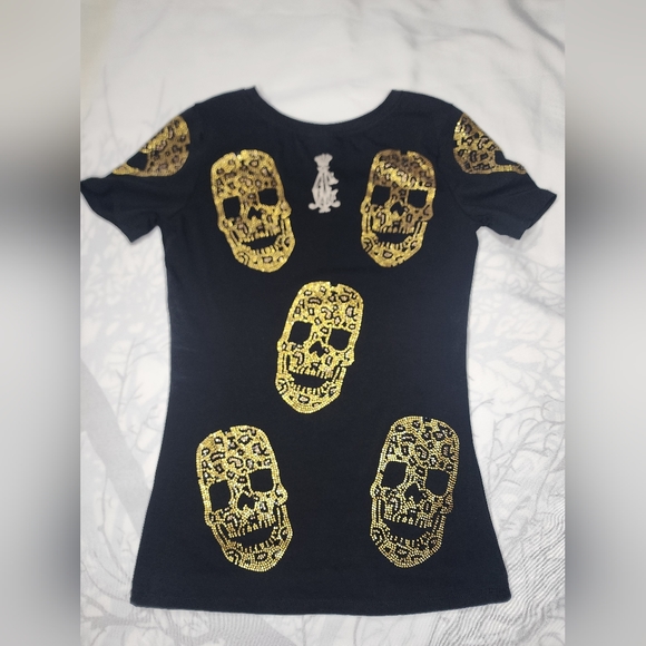 Authentic Christian Audigier rhinestone skull T shirt (ptp 16") - Picture 3 of 9